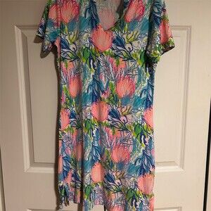 Lulu B Dress Womens XS Multicolor Tropical Sea Shell Coral Shift V-Neck
